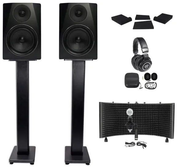 2 Rockville APM6B 6.5" 350 Studio Monitors+36" Stands+Pads+Headphones+Mic+Shield