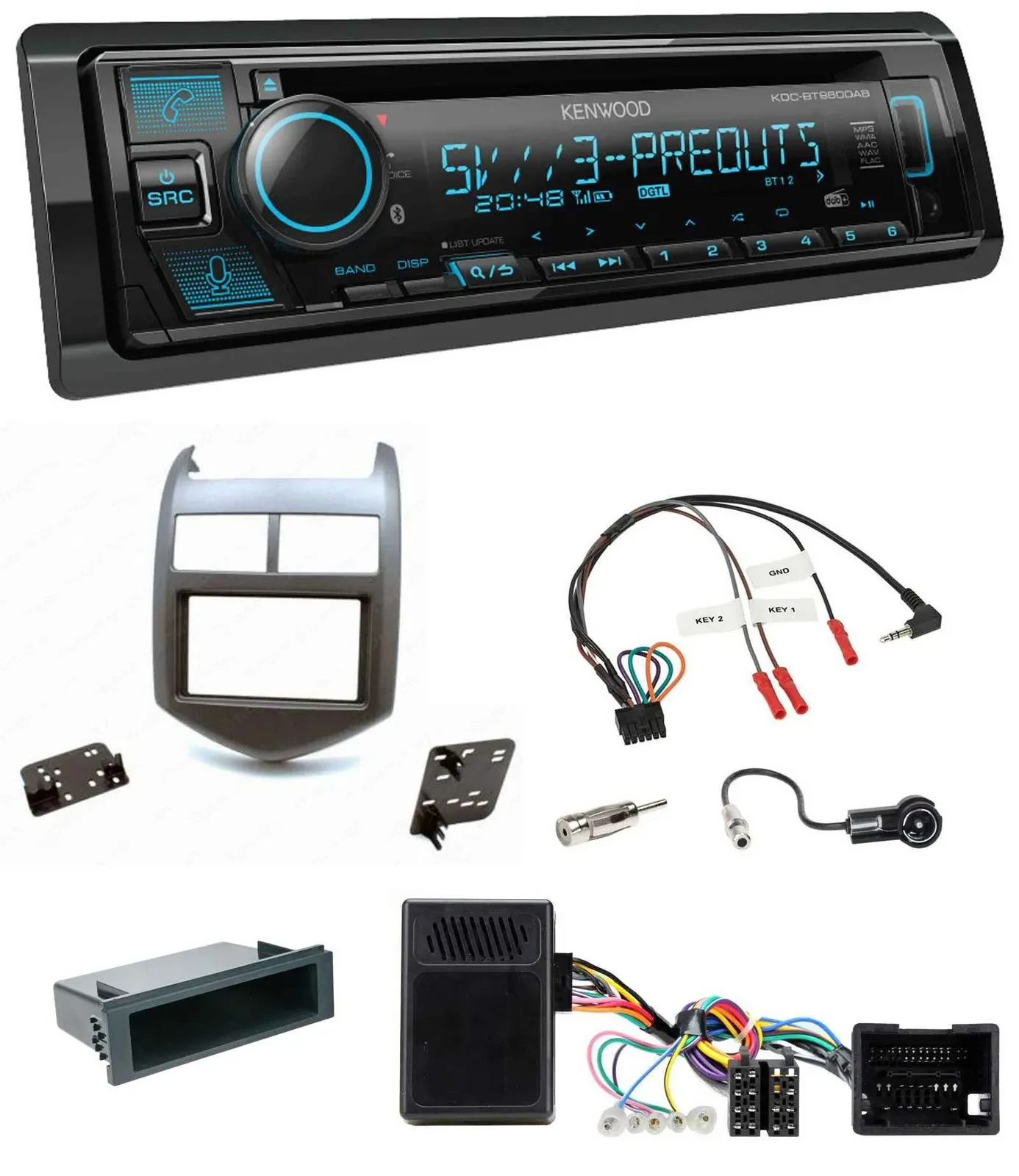 Kenwood Bluetooth USB CD Lenkrad DAB Autoradio für Chevrolet Aveo ab 11 dunkelgr