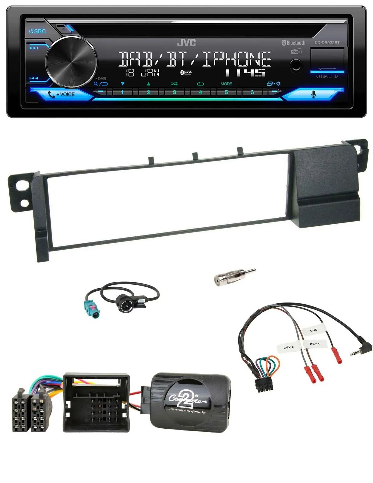 JVC Bluetooth Lenkrad USB DAB CD Autoradio für BMW 3er E46 2001-2007 Quadlock