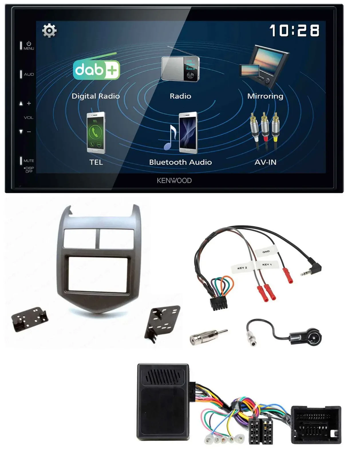 Kenwood 2DIN Bluetooth Lenkrad USB DAB Autoradio für Chevrolet Aveo ab 11 dunkel