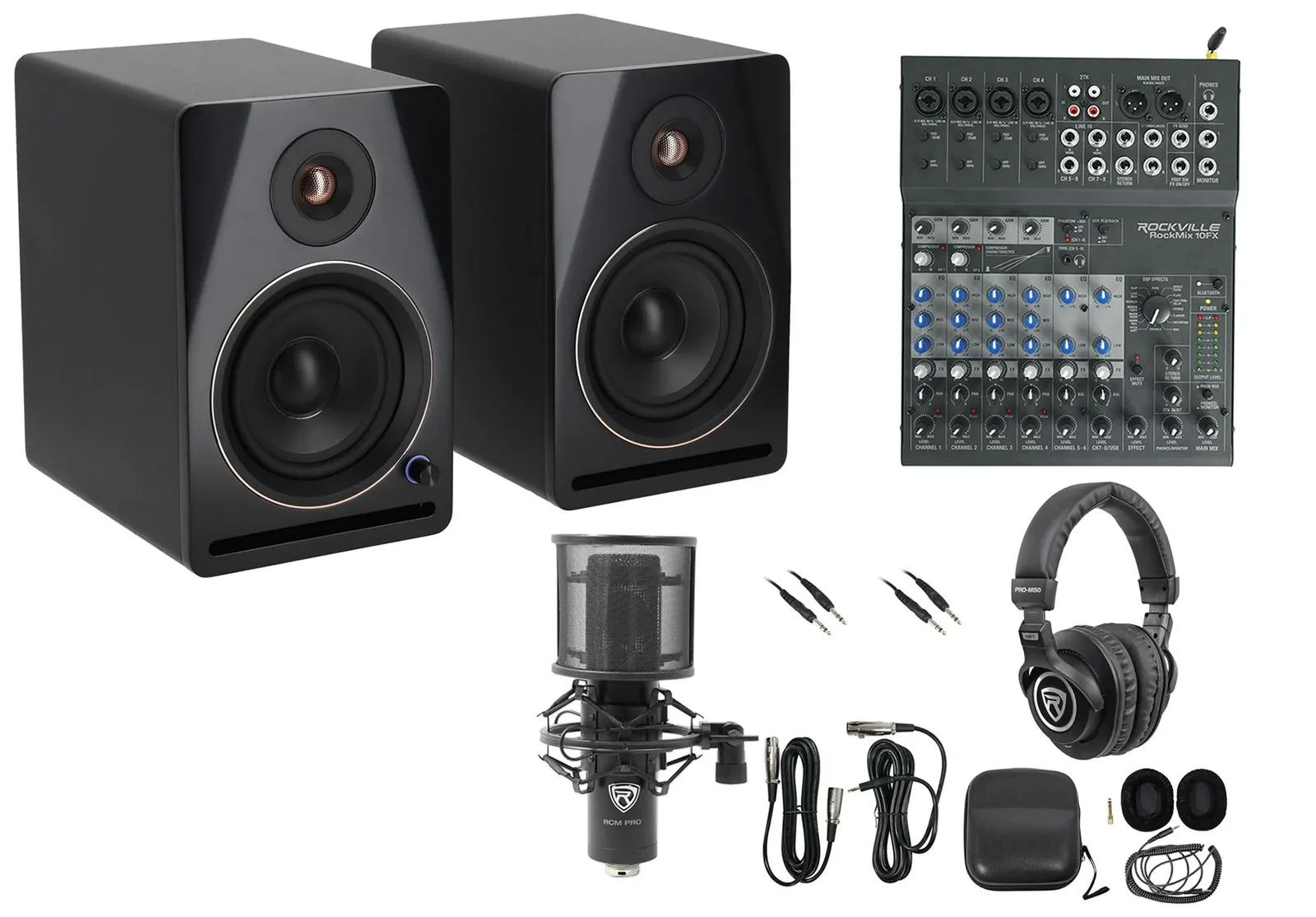 Комплект для подкастов Rockville APM5B V2+ROCKMIX 10FX+RCM PRO+PRO-M50 (набор) 5.25" студийные мониторы, микшер, микрофон, наушники