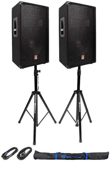 2) Rockville RSG12.4 12” 3-Way 1000w 4-Ohm Passive DJ Speakers+Stands+Cables+Bag