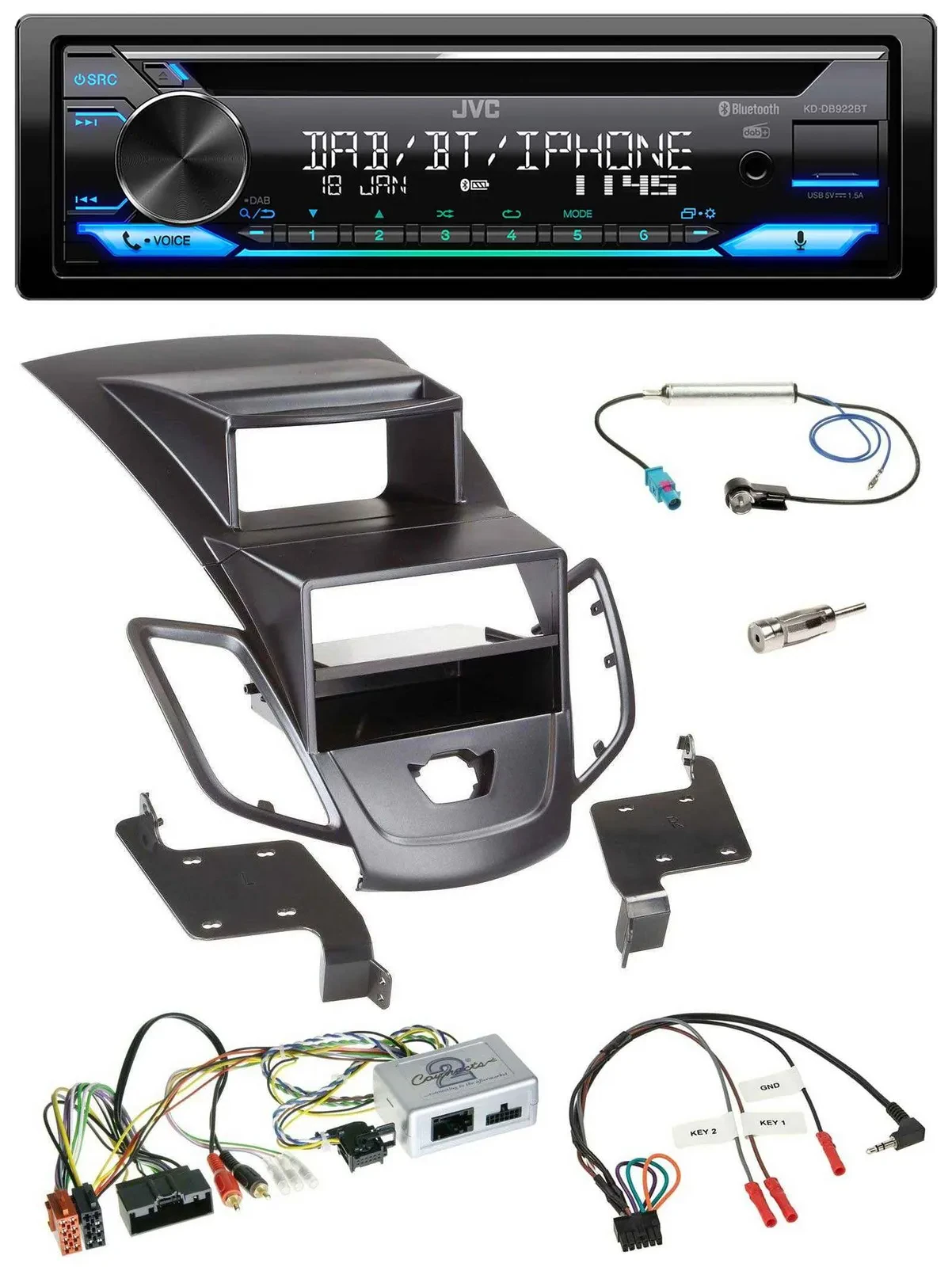 JVC Bluetooth Lenkrad USB DAB CD Autoradio für Ford Fiesta 10-17 Display schwarz