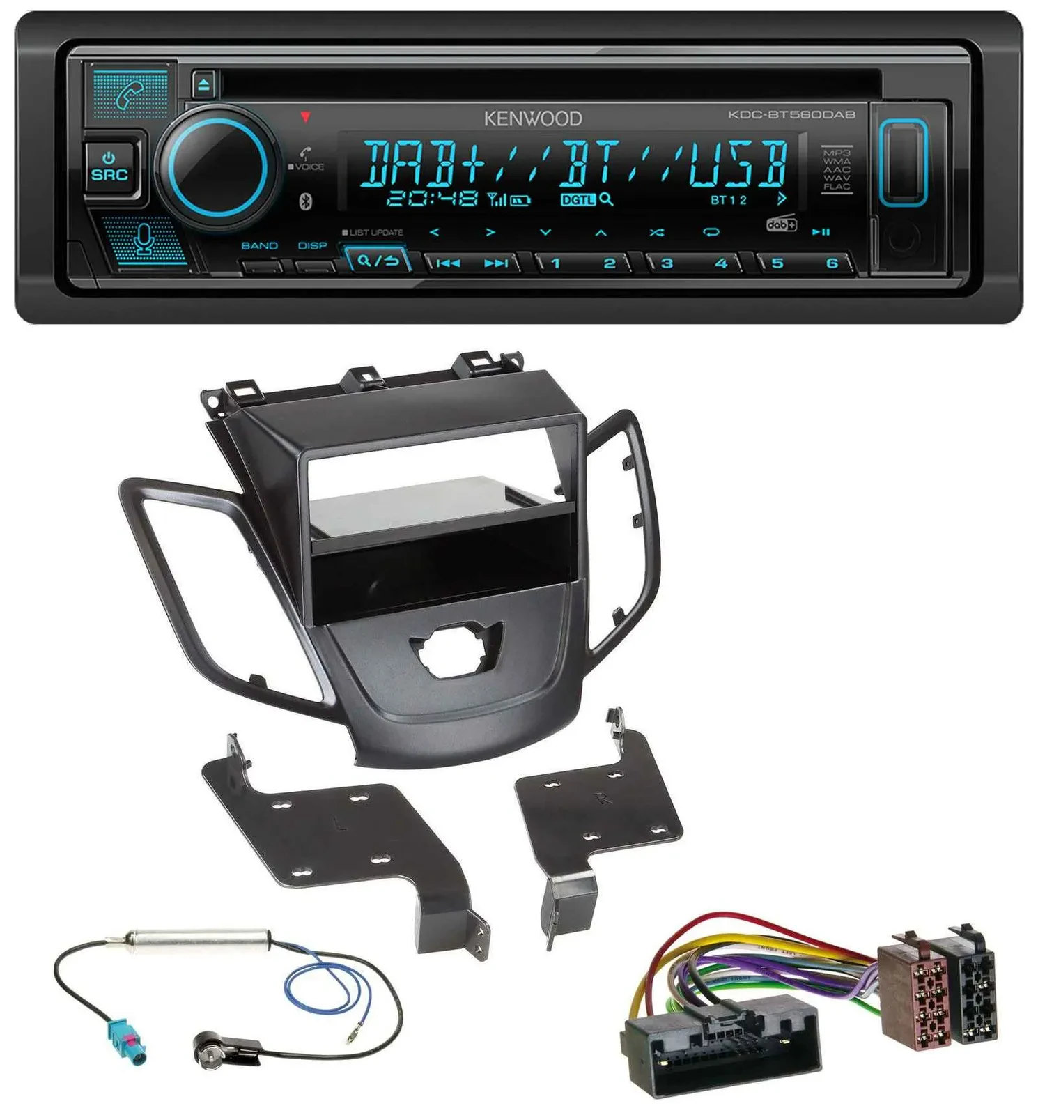 Автомагнитола Kenwood Bluetooth, DAB, CD/MP3, USB для Ford Fiesta 2010–2017 (JA8, без дисплея)