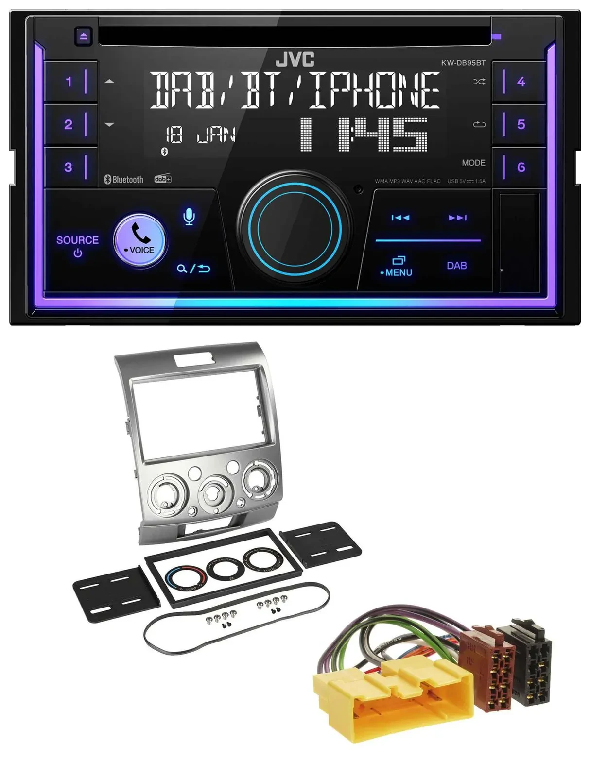 Автомагнитола JVC 2-DIN, CD/MP3, USB, Bluetooth, DAB для Ford Ranger (2007–2011)