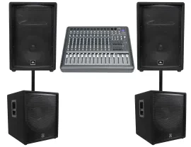 (2) JBL JRX212 1000w 12" DJ P/A Speakers+(2) 18" 1400w Subwoofers+Powered Mixer