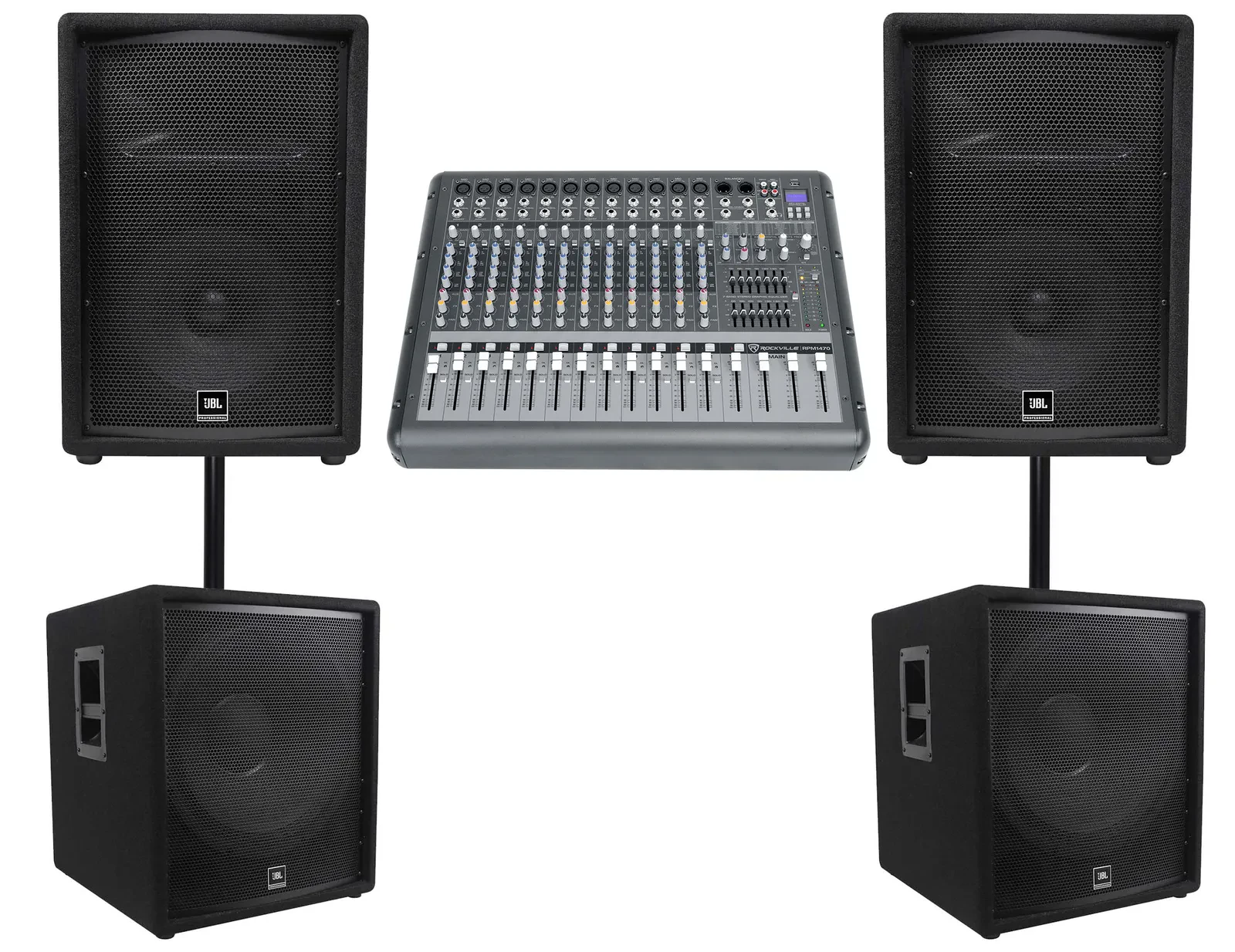 (2) JBL JRX212 1000w 12" DJ P/A Speakers+(2) 18" 1400w Subwoofers+Powered Mixer