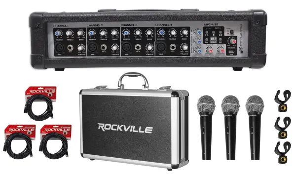 Rockville RPM45 1800 Watt Powered 4 Channel Mixer/Amplifier+(3) Mics+Case+Cables