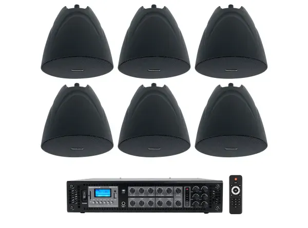 Rockville RCS180-6 Commercial Amp+(6) Black 5.25" Pendant Speakers For Bar/Cafe