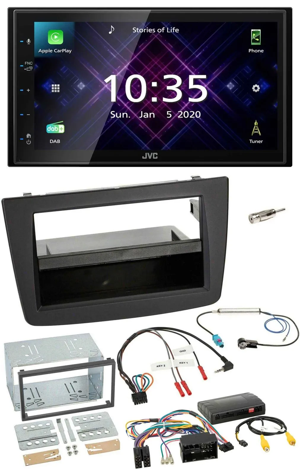 Автомагнитола JVC 2DIN DAB Bluetooth USB для Alfa Romeo Mito (2014–2018) с адаптером управления на руле (Infoadapt)