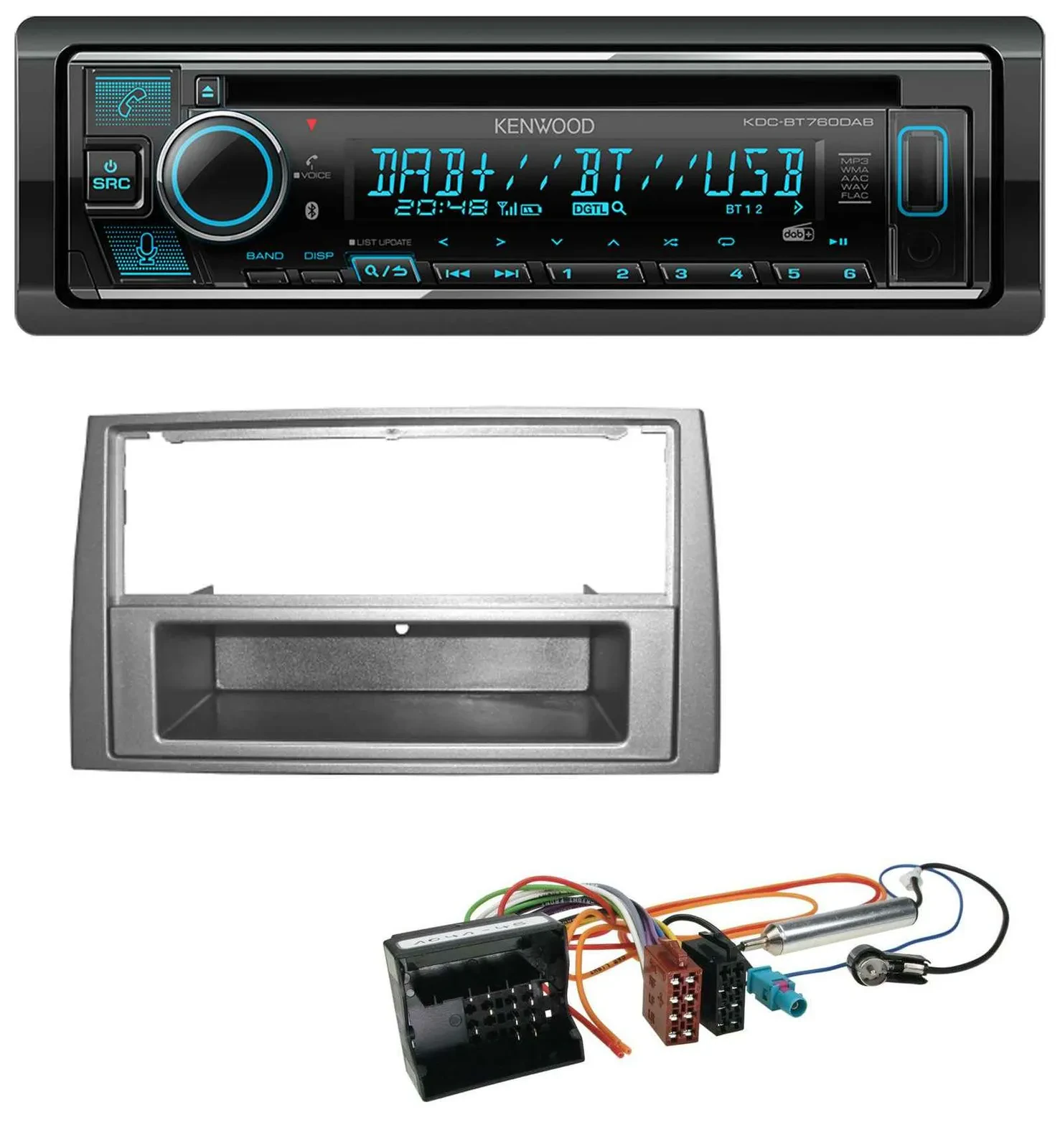 Автомагнитола Kenwood MP3 Bluetooth DAB USB CD для Peugeot 308 (2007–2009), тёмно-серый