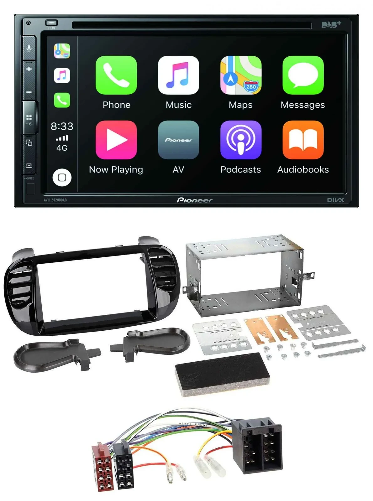 Pioneer DVD 2DIN MP3 DAB Bluetooth USB Autoradio für Fiat 500 bis 2012 glänzend