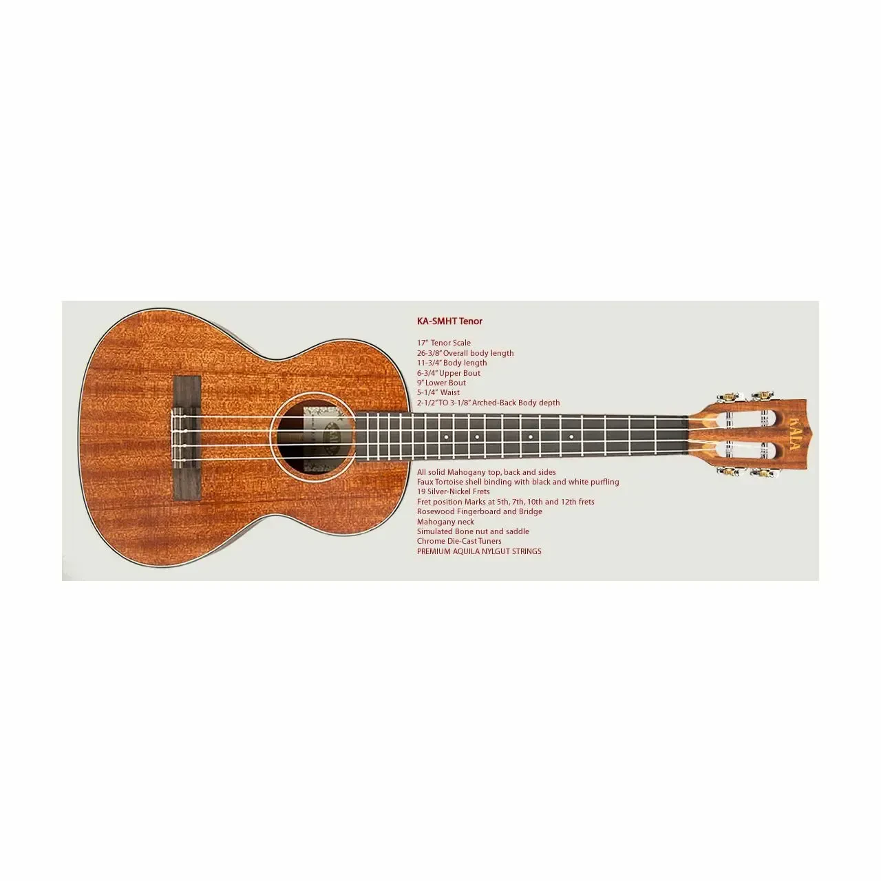 Kala KA-SMHT Solid Mahogany Tenor Ukulele inkl. Case