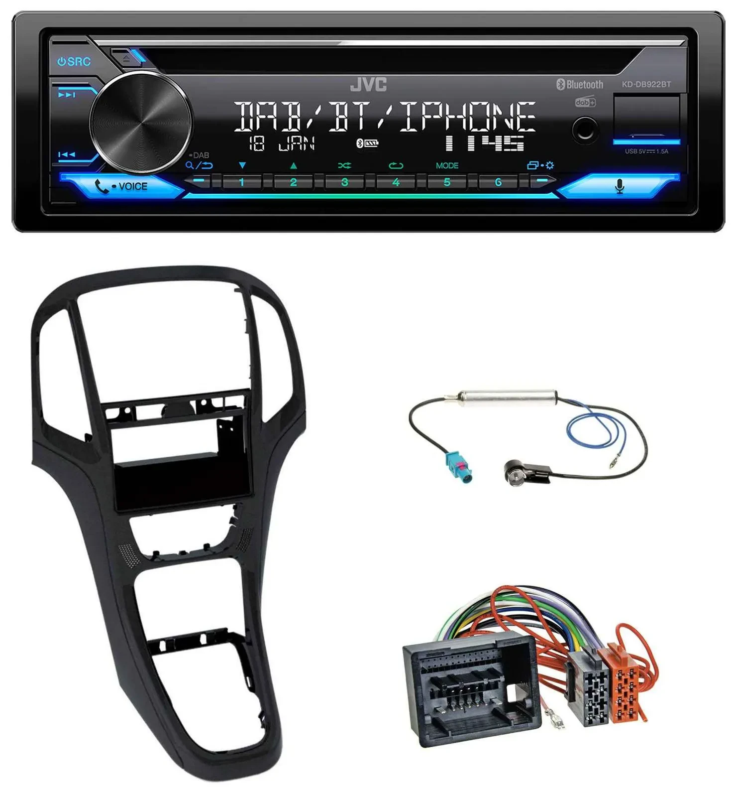 JVC Bluetooth MP3 USB DAB CD Autoradio für Opel Astra J ab 2009 Perl schwarz