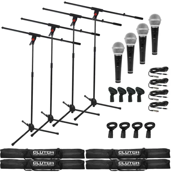 Pro Audio DJ Microphone Boom Stands w Dynamic Vocal Mics & Clips 4 Pack