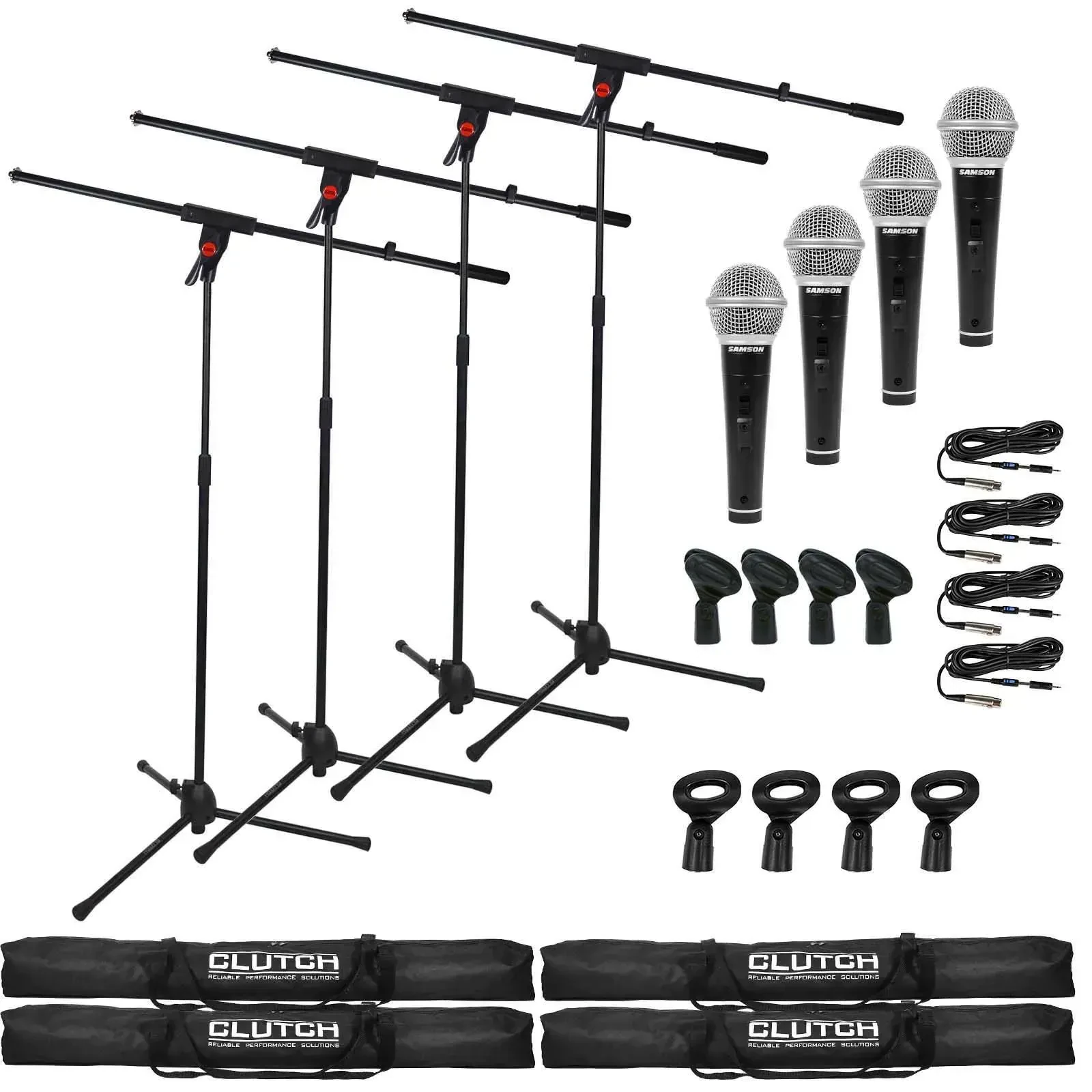 Стойка для микрофона Clutch CLMB100PK-4M10 журавль, напольная, тренога (набор, 4 шт.), с динамическими вокальными микрофонами и клипсами
