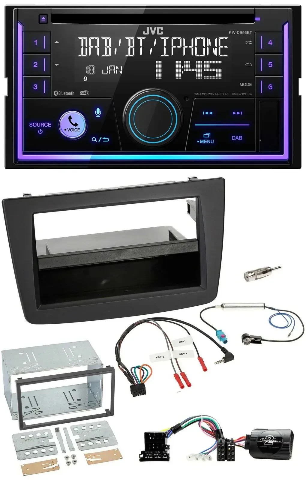 Автомагнитола JVC 2DIN DAB Bluetooth CD USB для Alfa Romeo Mito 2008–2014, черный, с поддержкой управления на руле