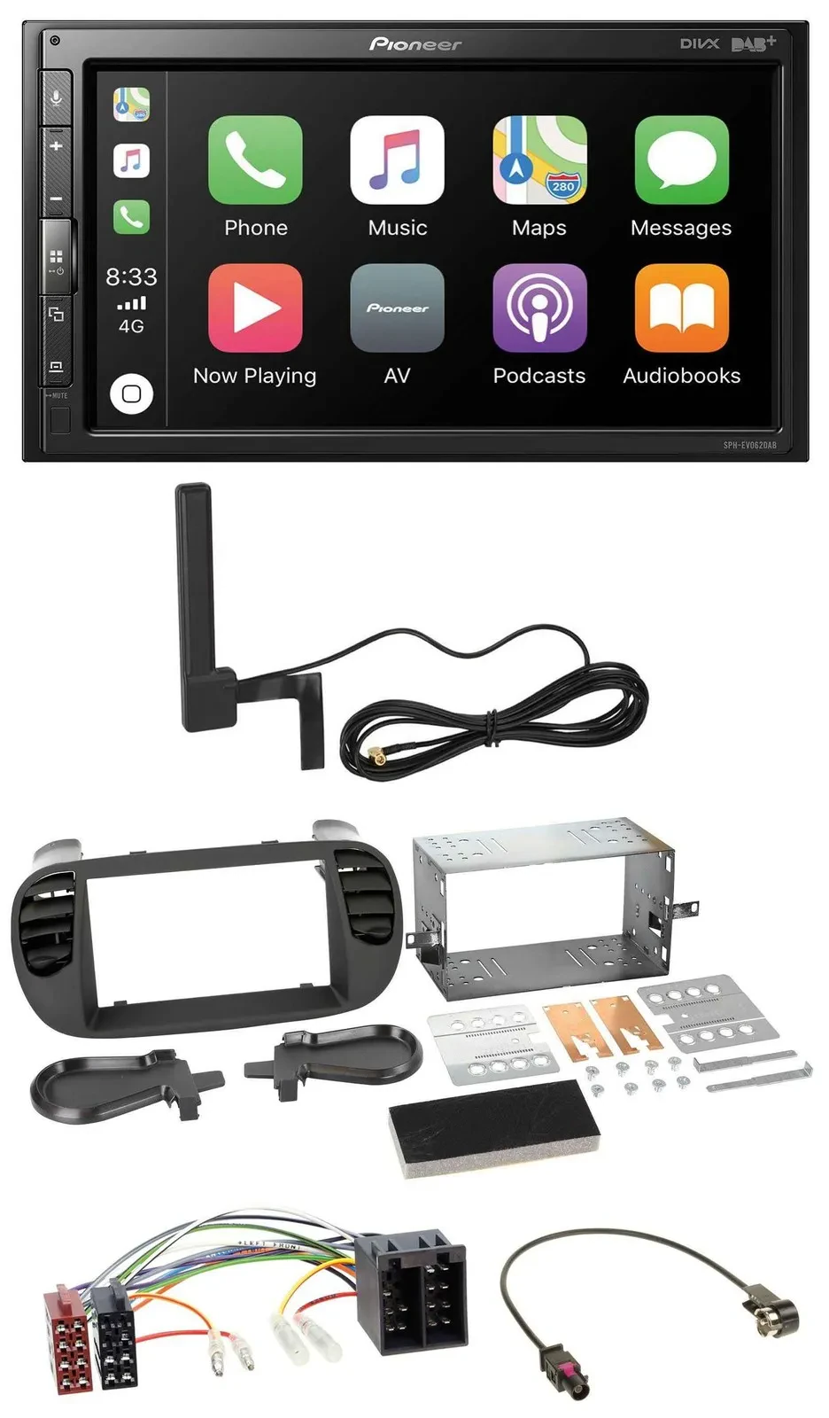 Автомагнитола для Fiat 500 (с 2012) Pioneer 2DIN, USB, Bluetooth, DAB, MP3, ISO, soft touch