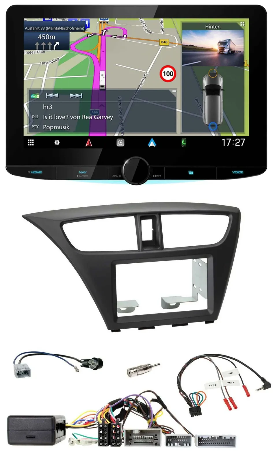 Kenwood Bluetooth DAB TMC 2DIN Lenkrad USB Navigation für Honda Civic ab 12 schw