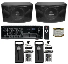 2) Rockville 12" 3-Way 1600w Karaoke Speakers+Powered Mixer w/Bluetooth+2) Mics