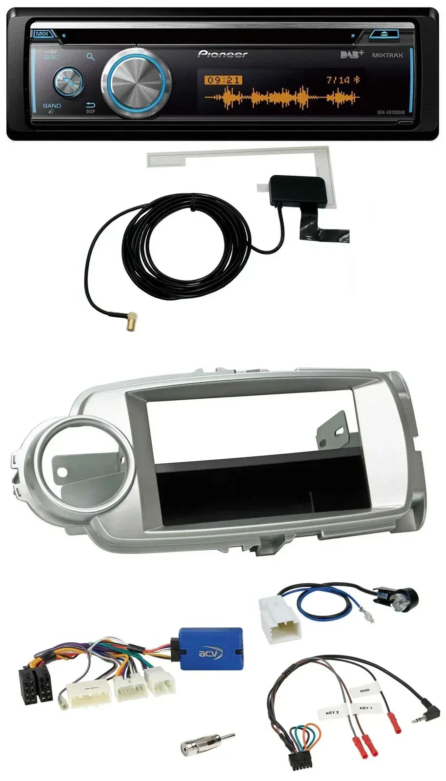 Автомагнитола для Toyota Yaris 2011–2014 Pioneer Bluetooth DAB USB CD, серебристая