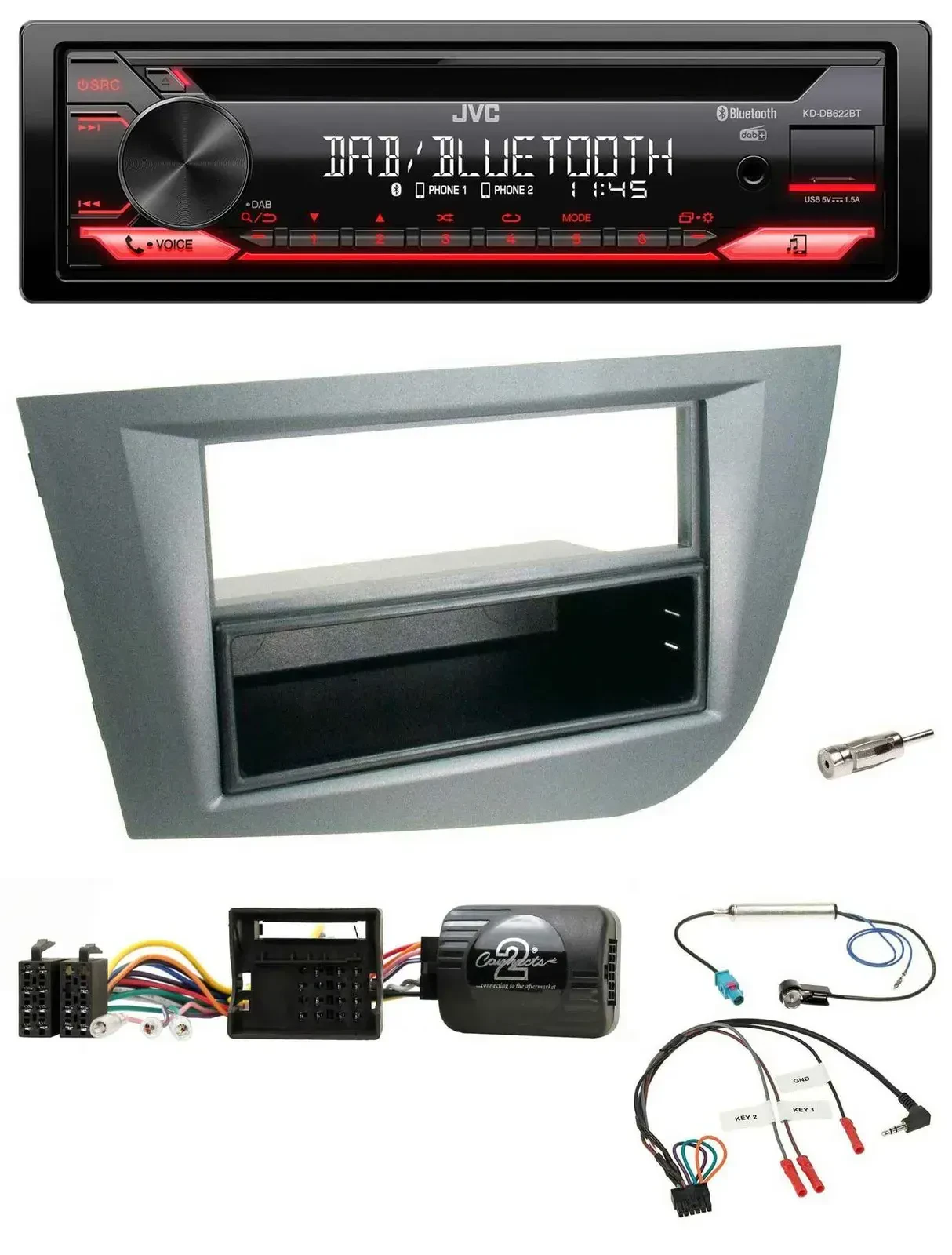 Автомагнитола JVC CD, DAB, USB, Bluetooth для Seat Leon 2005–2010, темно-серая