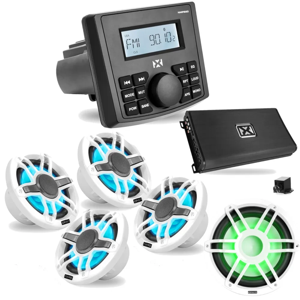 NVX NMPS20 Marine Receiver, 2x MVSP65 6.5" Speakers + MV104W 10" Subwoofer+ Amp