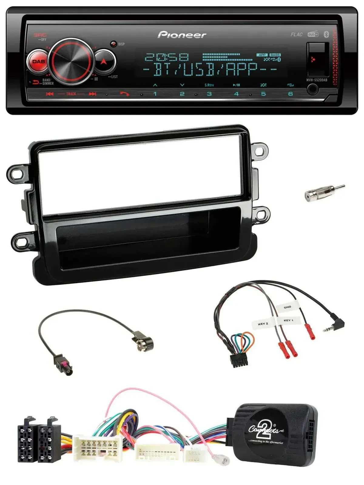 Автомагнитола Pioneer Bluetooth, USB, DAB для Dacia с 2012, черный (piano black), поддержка кнопок на руле
