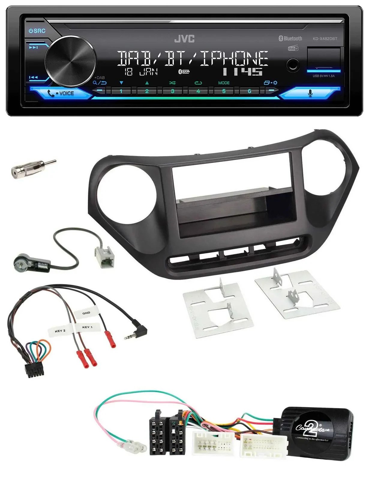 Автомагнитола JVC Bluetooth DAB USB для Hyundai i10 (с 2014) черная