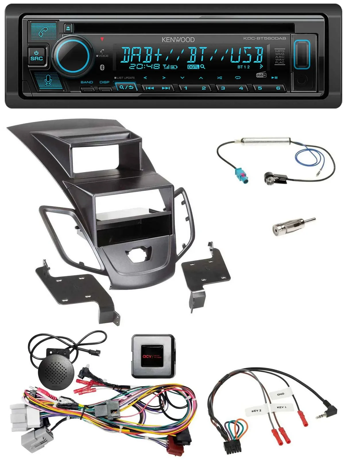 Автомагнитола для Ford Fiesta (2010–2013) Kenwood Bluetooth DAB CD USB, черный, с поддержкой управления на руле