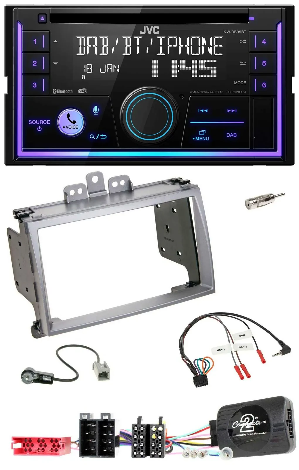 Автомагнитола JVC 2 DIN, CD, DAB, Bluetooth, для Hyundai i20 (2009–2012), серебристый