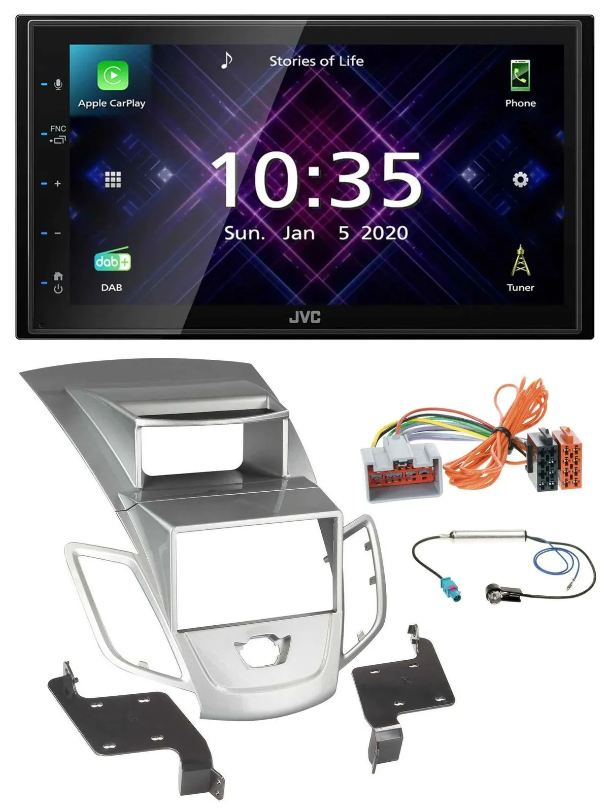 Автомагнитола JVC 2-DIN DAB Bluetooth USB MP3 для Ford Fiesta 2008–2010, серебристая