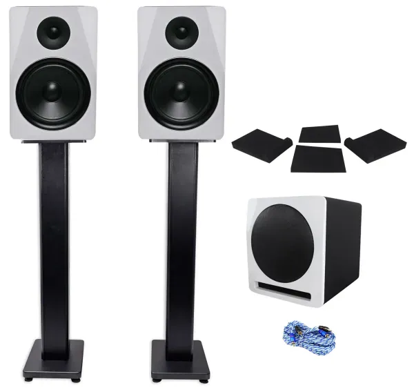 (2) Rockville APM8W 8" Powered Studio Monitors+Active 10" Subwoofer+Stands+Pads