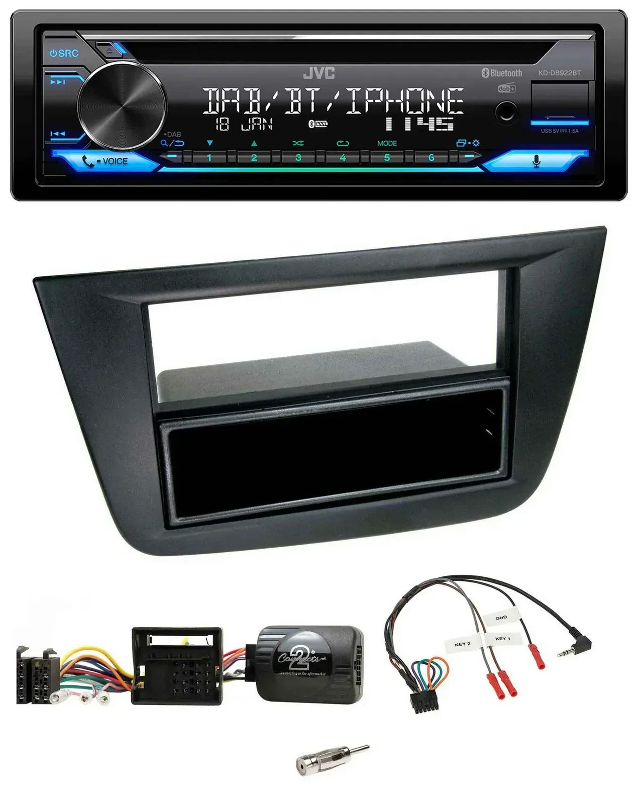 Автомагнитола JVC Bluetooth USB DAB CD для Seat Altea/Toledo (2004–2009) черная