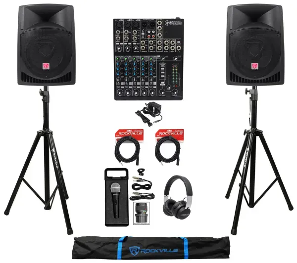 DJ Package w/2) 12" Active Speakers+Stands+Mic+Mackie Mixer+ATH-PRO7X Headphones