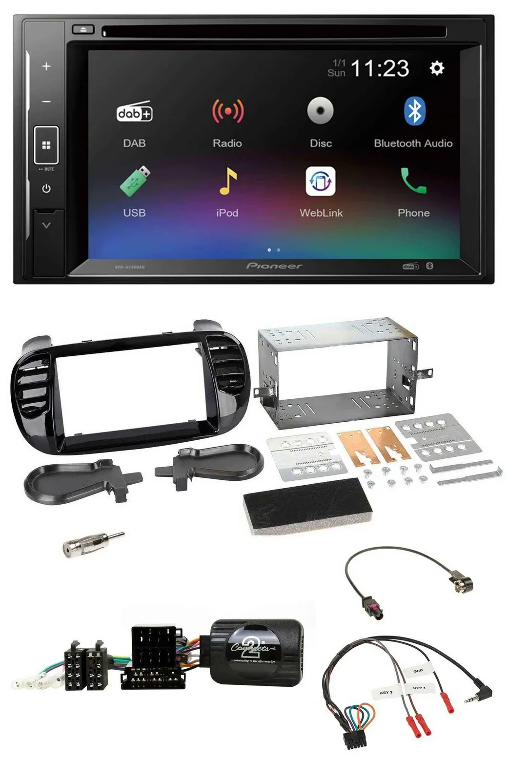 Pioneer Bluetooth Lenkrad USB 2DIN DAB DVD Autoradio für Fiat 500 Fakra 08-15 sc