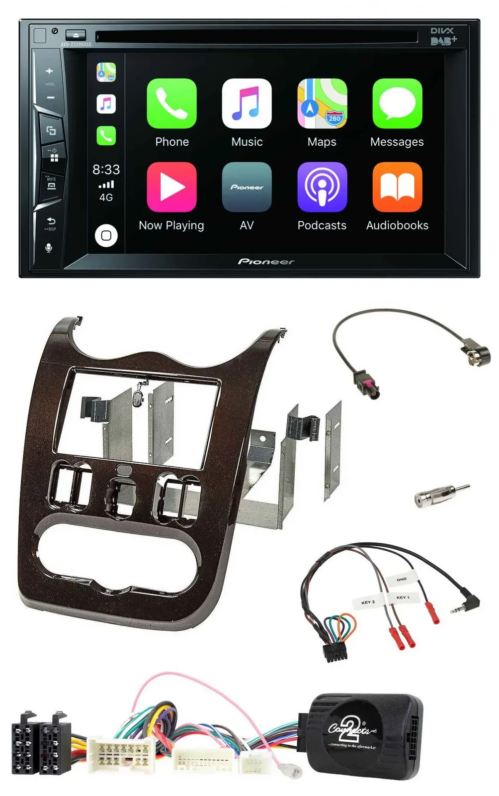 Автомагнитола Pioneer 2-DIN, USB, DVD, Bluetooth, DAB, для Dacia (с 2012), темно-коричневый, поддержка управления на руле