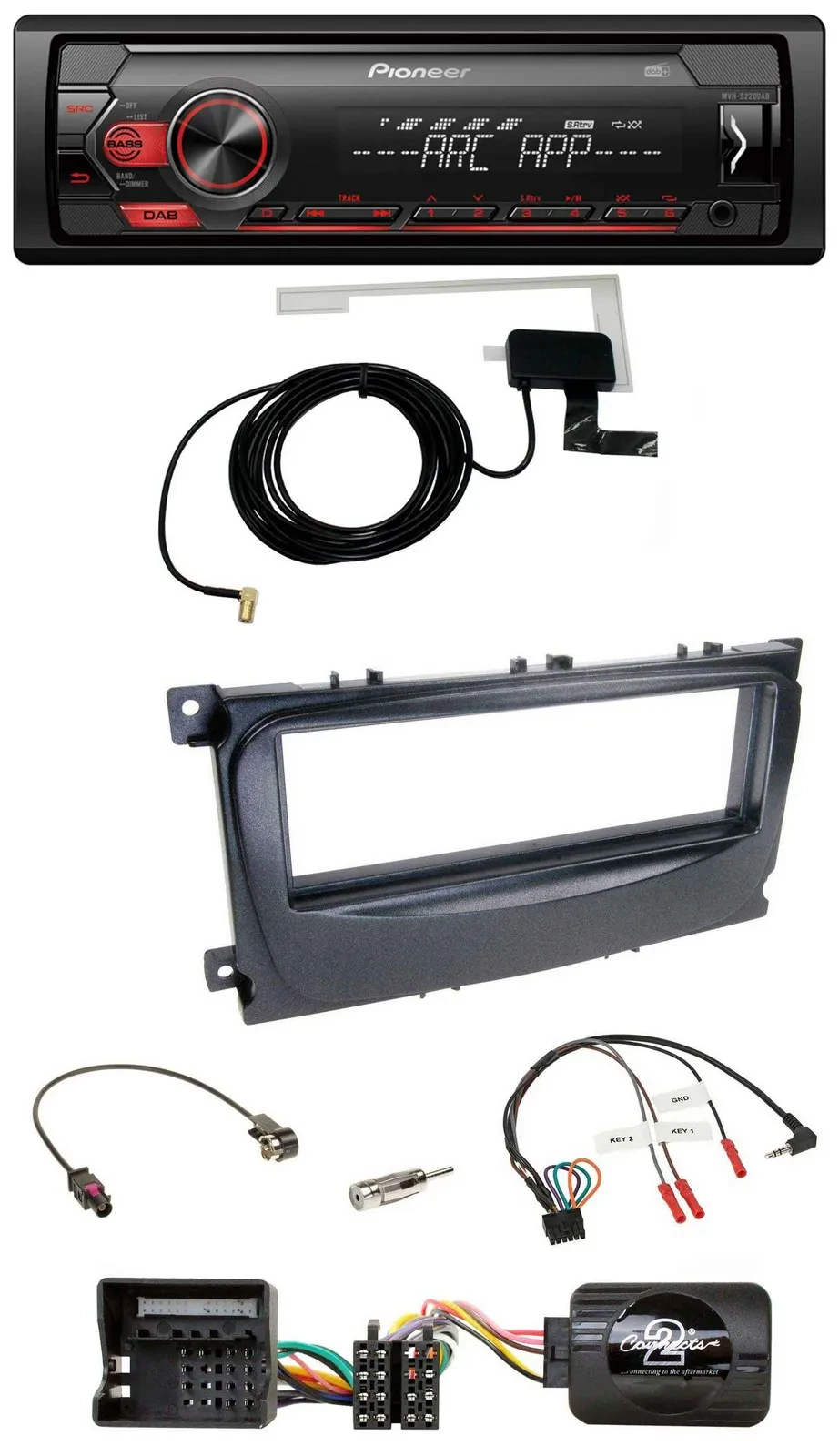 Автомагнитола Pioneer 1DIN USB DAB MP3, совместимая с кнопками на руле, для Ford Focus/C-Max/Galaxy (с 2007), черная