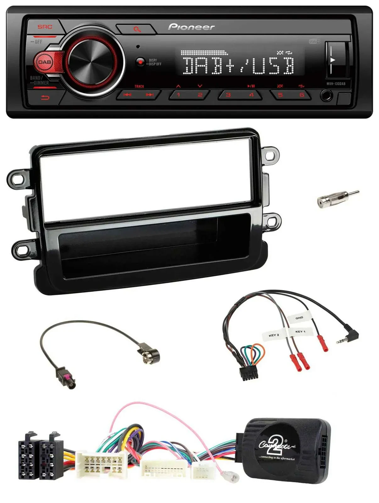 Автомагнитола Pioneer 1-DIN, DAB, USB, совместима с кнопками на руле, для Dacia (с 2012), черный глянец