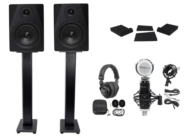 2) Rockville DPM5B 5.25" 300w Dual Active Studio Monitors+Stands+Pads+Headphones