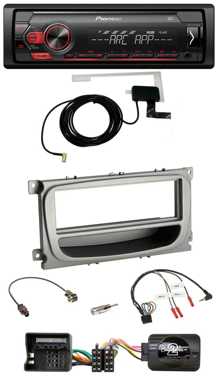 Автомагнитола Pioneer 1-DIN, USB, DAB, MP3, совместима с кнопками на руле, для Ford C‑Max/Focus/Galaxy с 2007 г., серебристая