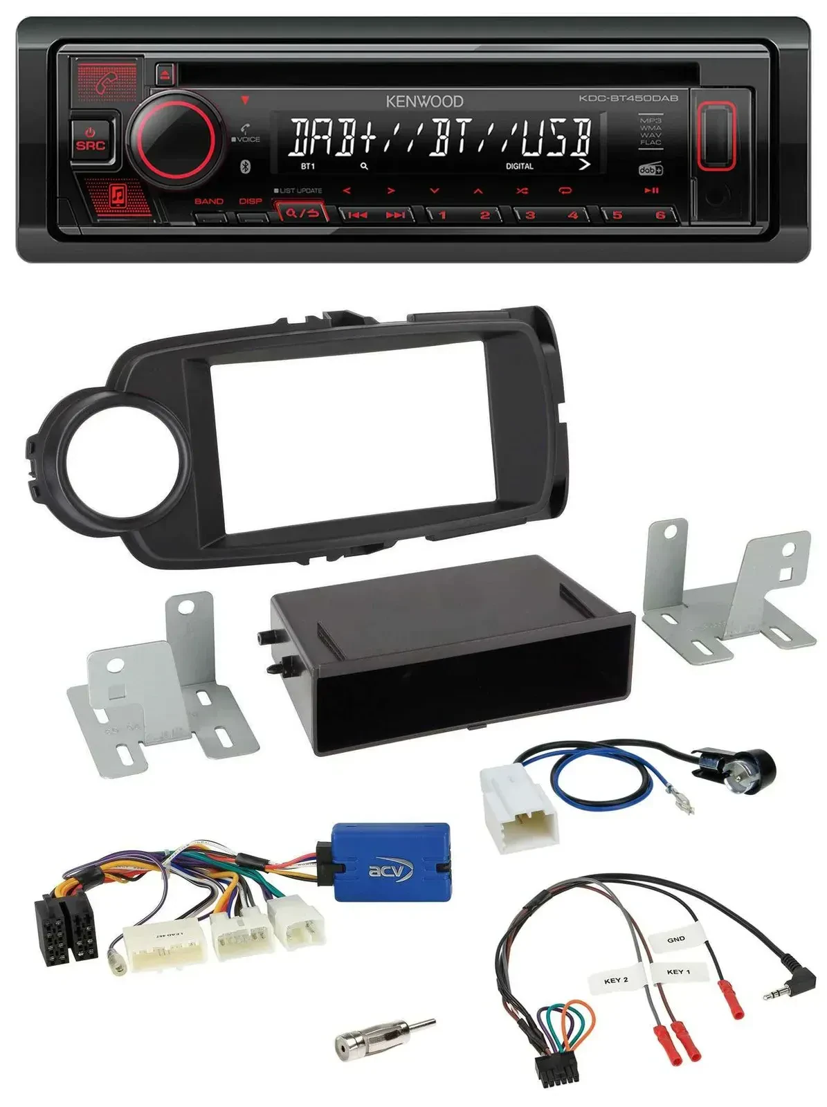 Автомагнитола для Toyota Yaris (с 2014) Kenwood CD USB Bluetooth DAB, поддержка управления с руля, черный