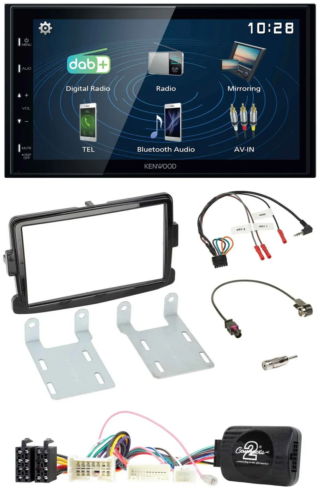 Автомагнитола Kenwood 2-DIN, Bluetooth, USB, DAB, совместима с управлением на руле, для Dacia (с 2012), черный рояльный лак