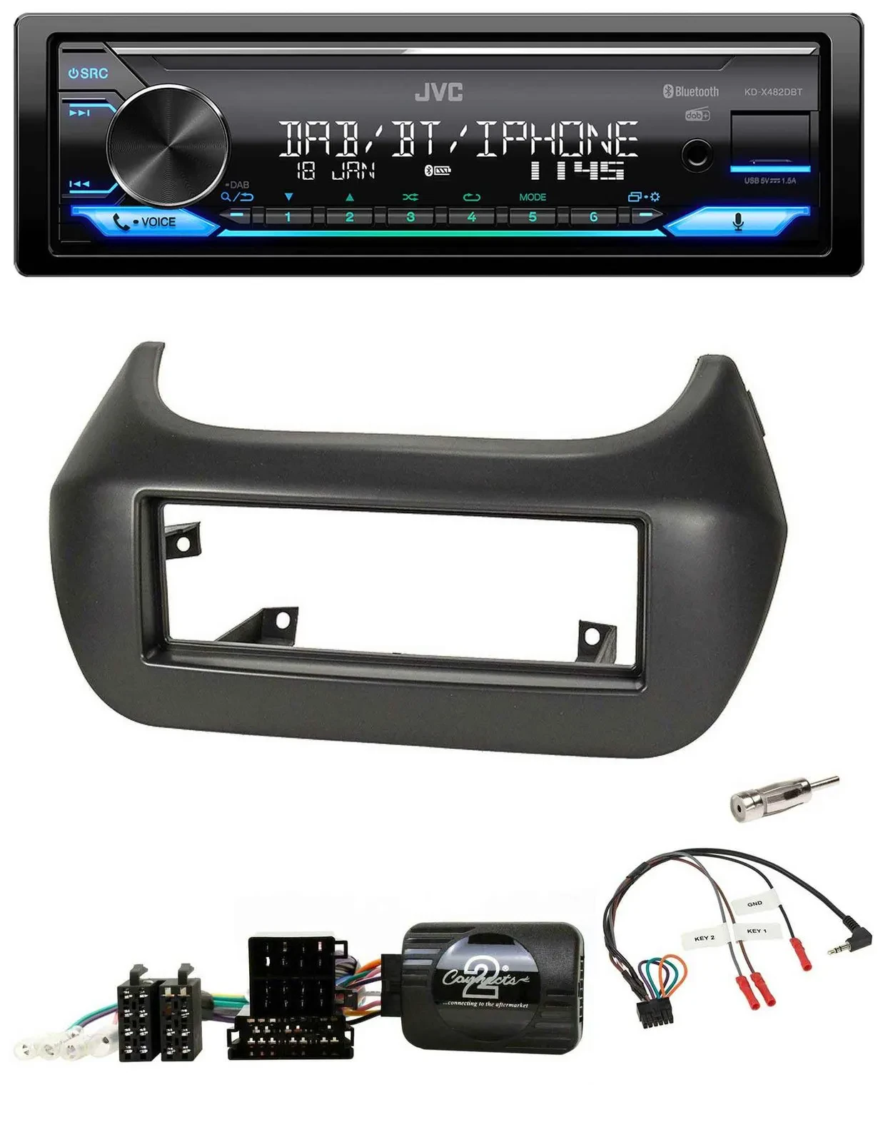 Автомагнитола JVC Bluetooth, DAB, USB, управление с руля, для Fiat Fiorino / Citroen Nemo / Peugeot Bipper