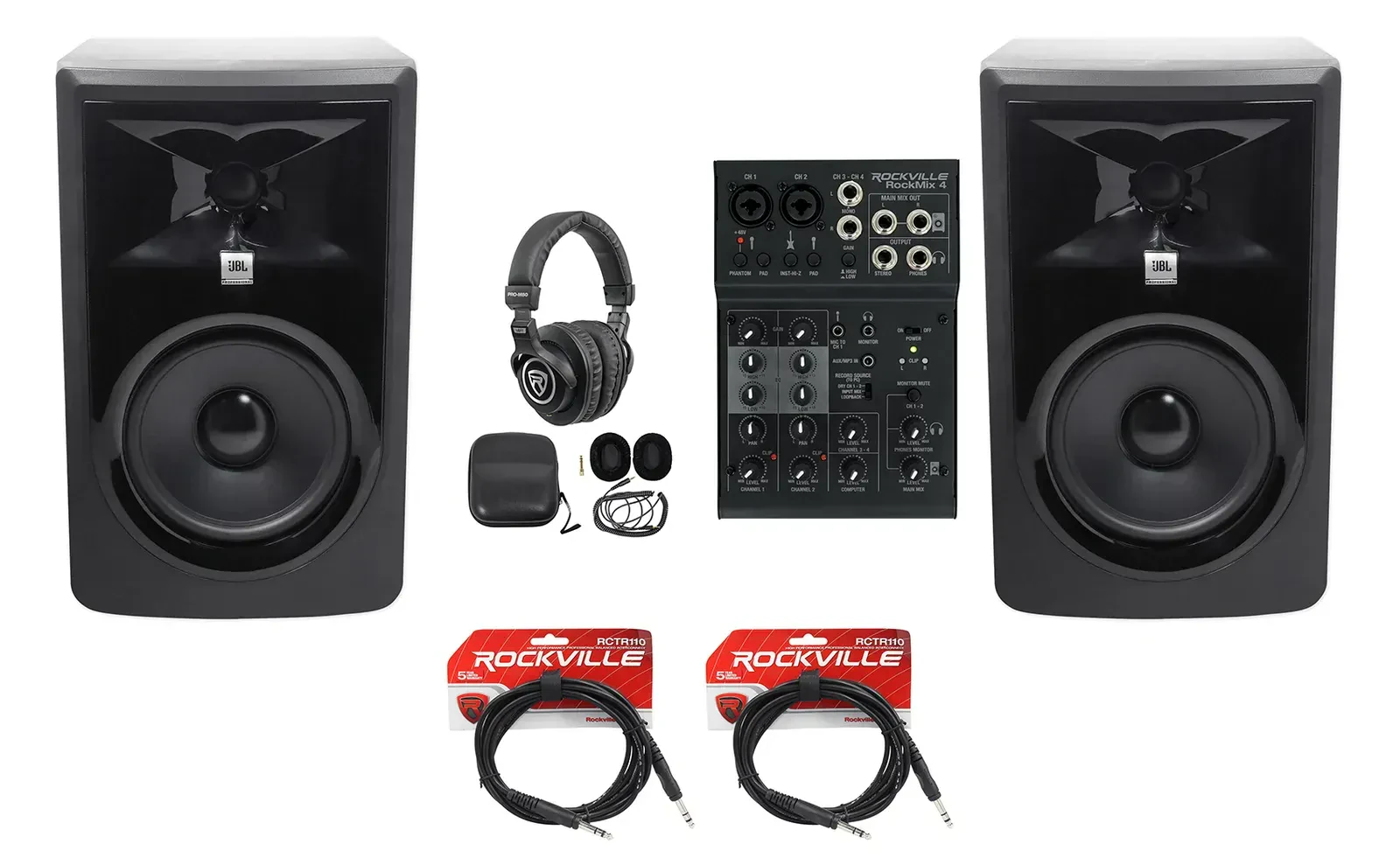2 JBL 306P MkII 6" Studio Monitors+USB Interface 4-Channel Mixer w/EQ+Headphones