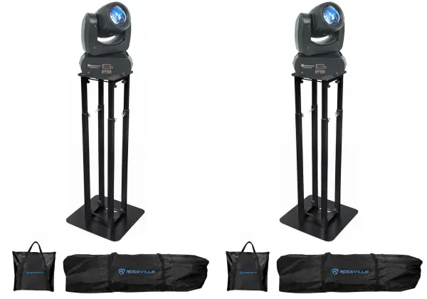 2 Rockville Rock Beam DC DJ Stage Pro Moving Head Lights+8 ft Black Totem Stands