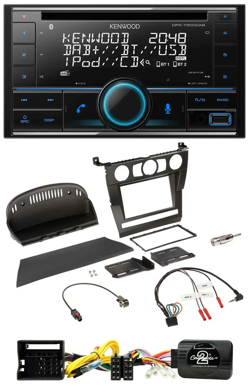 Автомагнитола Kenwood 2-DIN, CD, DAB, USB, Bluetooth, для BMW 5 серии (E60) 2004–2007, поддержка кнопок на руле