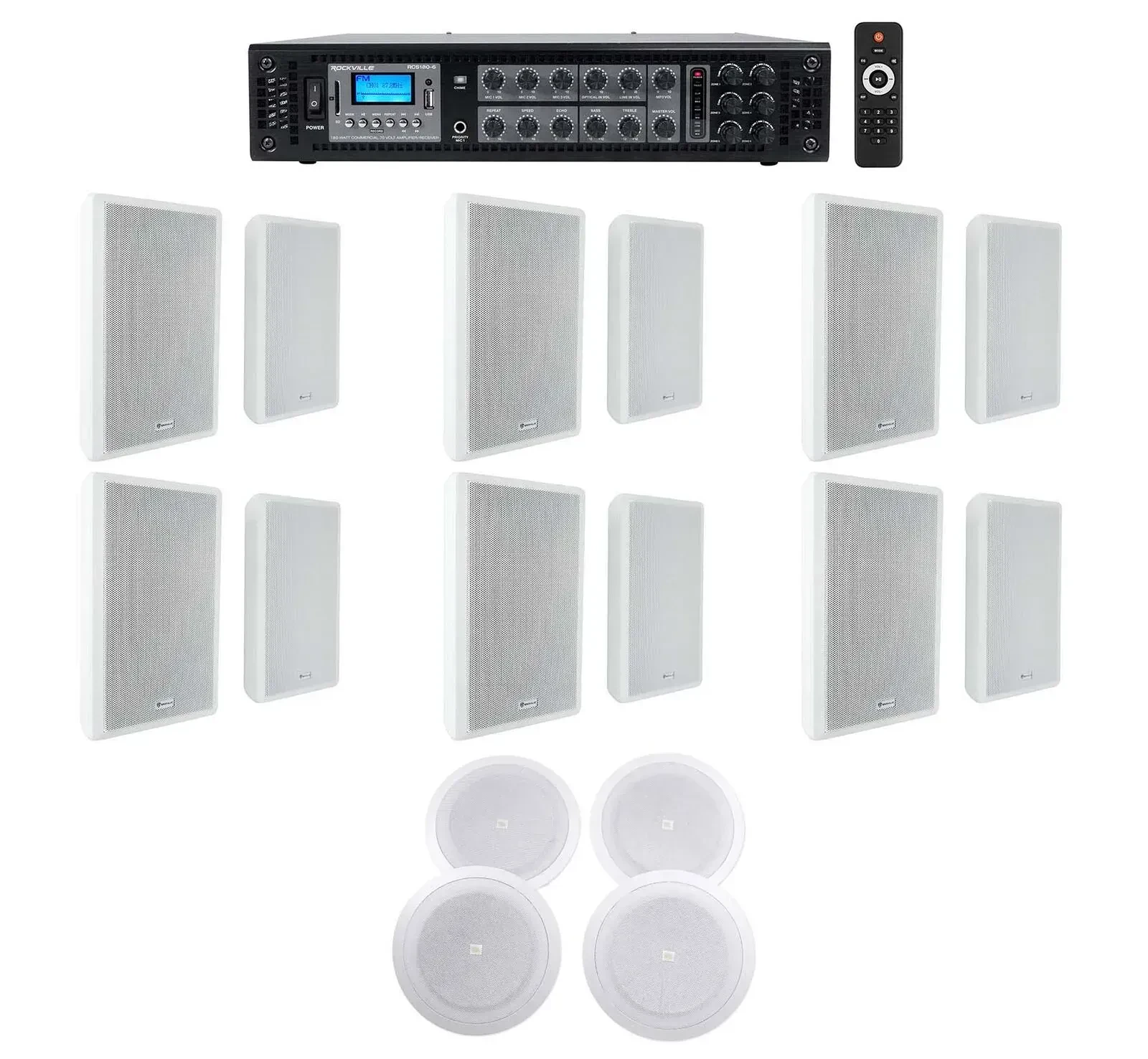 Настенная акустика Rockville RCS180-6+(6) Rock Slim 70W+8128 с усилителем (16 штук)