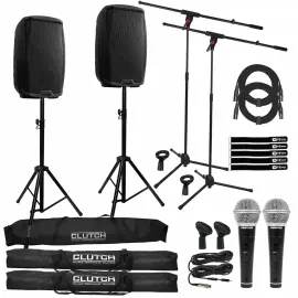 Gemini AS-2110BT 10" Black Bluetooth DJ PA Karaoke Speakers Pair w Stands & Mics