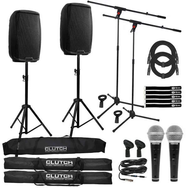 Gemini AS-2110BT 10" Black Bluetooth DJ PA Karaoke Speakers Pair w Stands & Mics